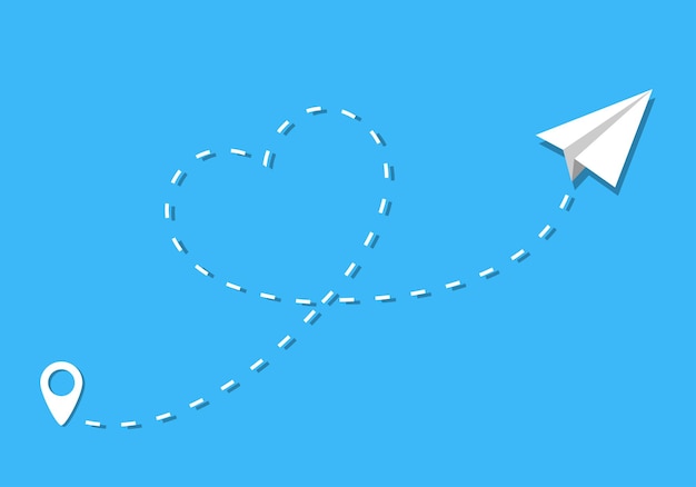 Avión de papel con una ruta punteada y pin de mapa concepto de viaje de amor
