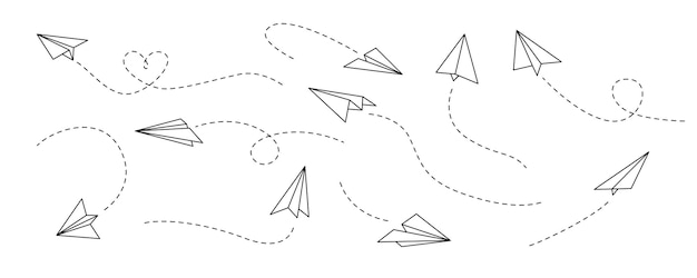 Avión de papel vectorial Esquema de aviones voladores con dirección de pista punteada Símbolo de viaje o mensaje