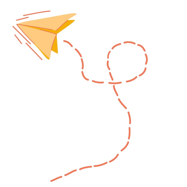 Avión de papel volador con línea discontinua de ruta Icono lineal de avión de origami Señal de viaje de comunicación de entrega Ilustración de dibujos animados de dibujo manual vectorial