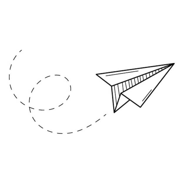 Un avión de papel volador. puesta en marcha, desarrollo y emprendimiento. Garabatear. Dibujado a mano en blanco y negro