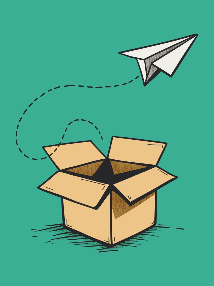 Vector un avión de papel volando fuera de una caja de cartón abierta contra un fondo verde