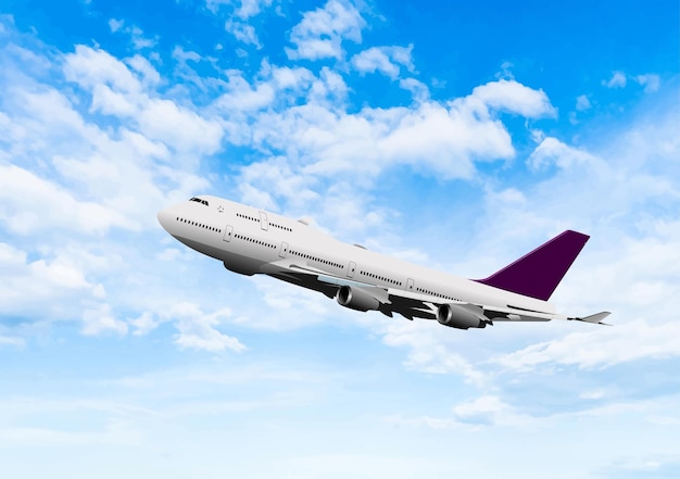 Un avión de pasajeros blanco y púrpura volando alto por encima de las nubes blancas en un hermoso día soleado