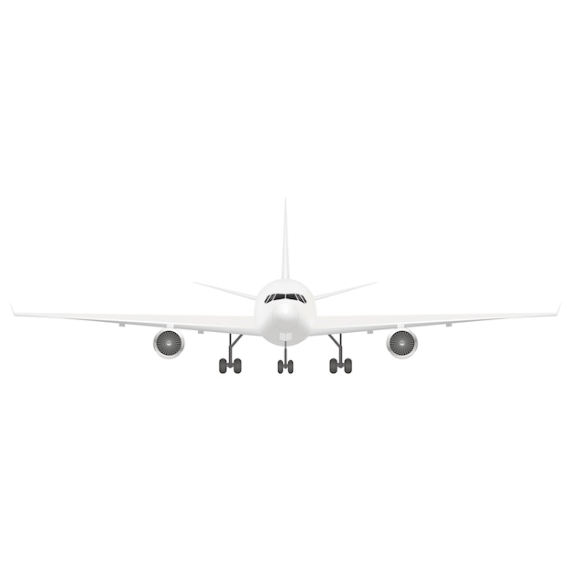 Avión de pasajeros blanco. Vista frontal.