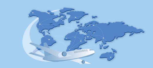Un avión de pasajeros da vueltas alrededor del mundo Mapa isométrico y avión con gps Entrega global