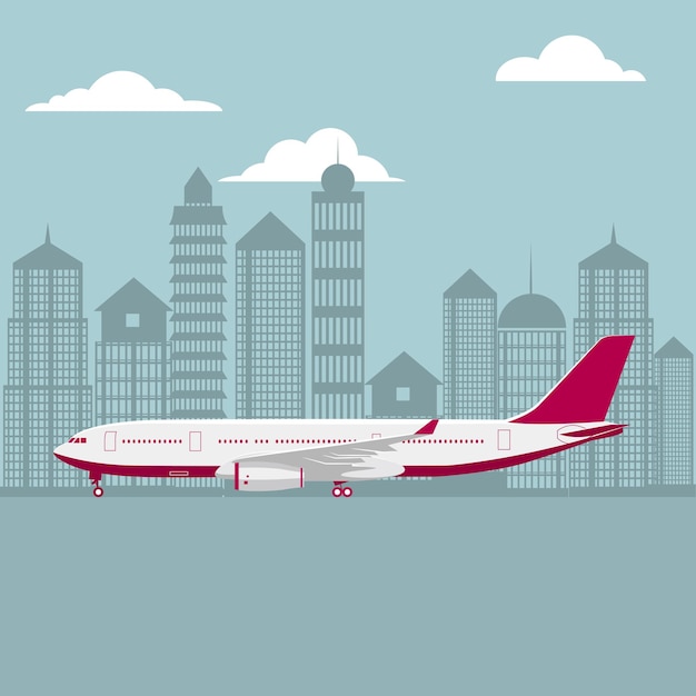 avión de pasajeros dibujado, el fondo es la arquitectura de la ciudad.