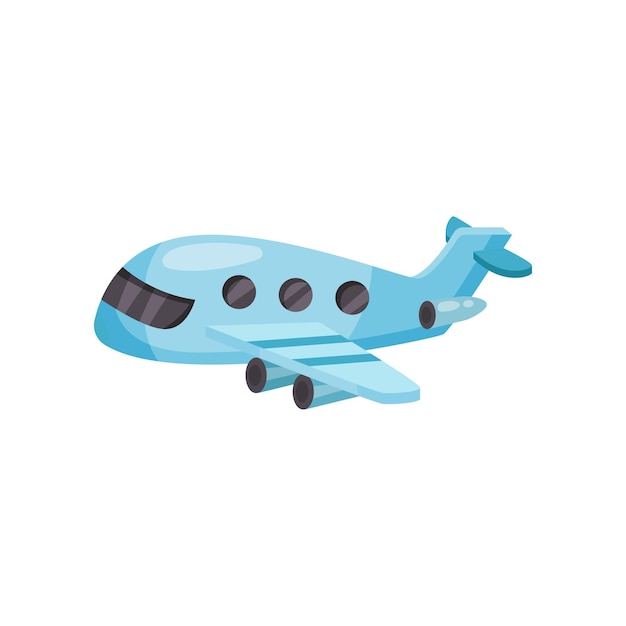 Avión de pasajeros de dibujos animados Pequeño avión azul con motores a reacción Vector plano para juego móvil o póster publicitario de agencia de viajes