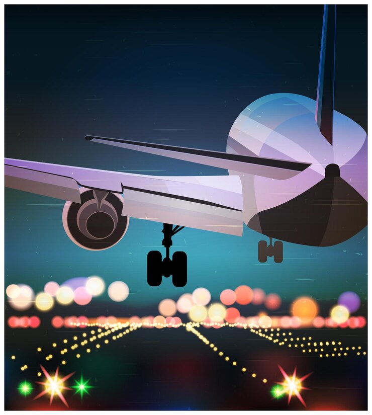 Vector el avión de pasajeros está aterrizando viejo cartel