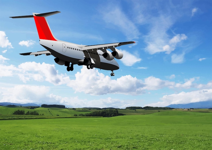 Vector un avión de pasajeros está volando sobre campos verdes en un hermoso día soleado con nubes