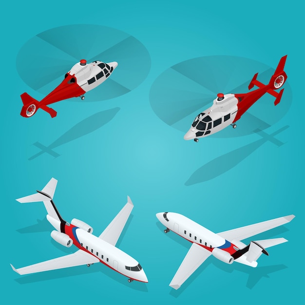 Avión de pasajeros. Jet privado. Helicóptero de pasajeros. Transporte isométrico. Vehículo de avión. Ilustración de Vector de transporte aéreo