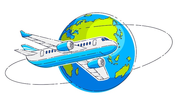 Avión de pasajeros con planeta tierra, emblema o ilustración de viajes aéreos de aerolíneas. Hermoso vector de línea delgada aislado sobre fondo blanco.