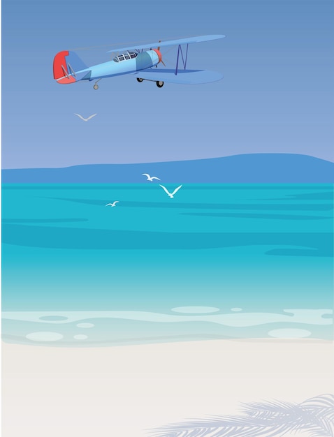 El avión retro vuela sobre la playa Vector