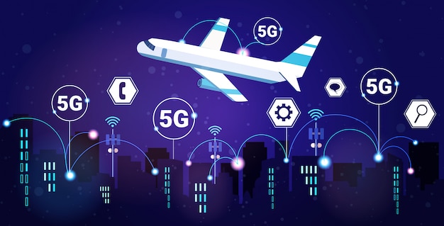 Avión sobrevolando noche ciudad inteligente 5g red de comunicación en línea sistemas inalámbricos concepto de conexión quinta generación innovadora de internet de alta velocidad moderno paisaje urbano fondo horizontal