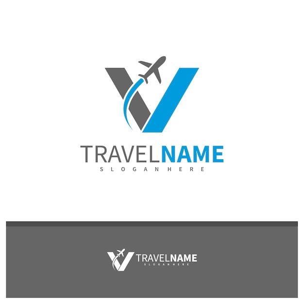 Avión con vector de diseño de logotipo de letra V Ilustración de plantilla de conceptos de logotipo de viajes creativos