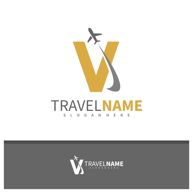 Avión con vector de diseño de logotipo de letra V Ilustración de plantilla de conceptos de logotipo de viajes creativos