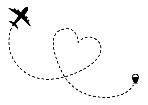 Avión vectorial de acciones volando con amor línea de rastro punteada viajando ilustración de concepto de amor