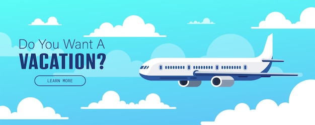 Avión volador. Banner o flyer para diseño de viajes y vacaciones. Cielo de día. Ilustración vectorial.