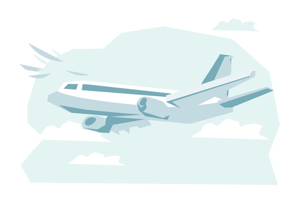 Vector el avión vuela en el cielo entre las nubes el despegue del avión para los boletos de avión con el logotipo de la aerolínea y la ilustración vectorial plana de publicidad de viajes aislada en el fondo blanco