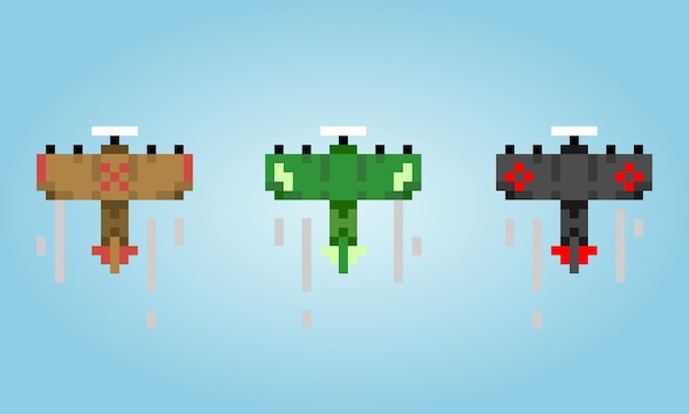 Aviones de combate de píxeles de 8 bits para activos de juegos y patrones de punto de cruz en ilustraciones vectoriales