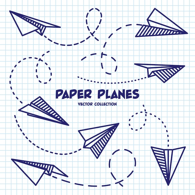 Vector aviones dibujados a mano en una hoja de papel a cuadros cuaderno escolar para dibujar doodle avión línea de ruta punteada icono de aeronave siluetas simples de avión monocromático arte de línea de contorno ilustración vectorial