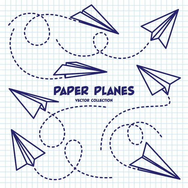 Vector aviones dibujados a mano en hojas de papel a cuadros cuaderno escolar para dibujar avión de garabateo ruta punteada