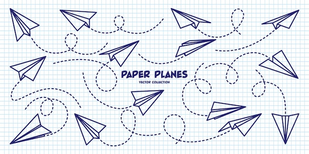 Vector aviones dibujados a mano en hojas de papel a cuadros cuaderno escolar para dibujar avión de garabateo ruta punteada