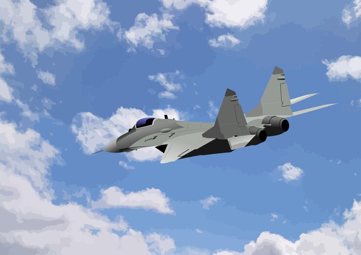 Vector aviones militares modernos volando alto por encima de las nubes demostrando poder y agilidad ilustración dibujada a mano