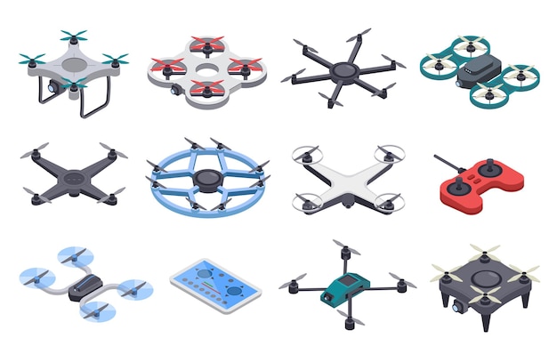 Aviones no tripulados de aviones no tripulados isométricos con hélices transportadores aéreos remotos conjunto de vectores