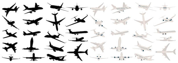 Los aviones de pasajeros establecen una silueta negra en un vector de fondo blanco.