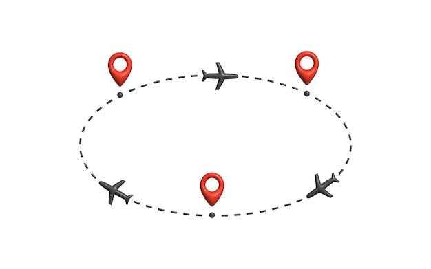 Aviones que vuelan a lo largo de una ruta circular con múltiples marcadores de ubicación que simbolizan el mundo