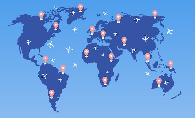 Los aviones vuelan en diferentes países del mundo Siluetas de aviones Ilustración vectorial