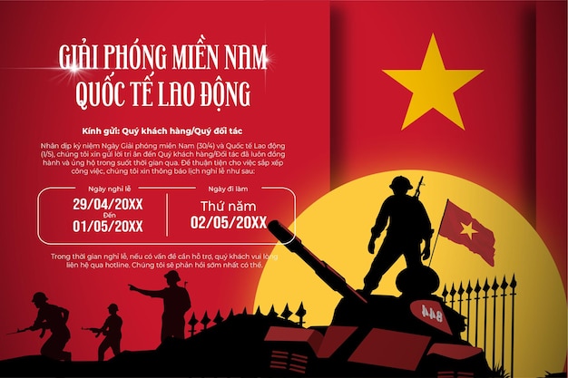 Aviso oficial de vacaciones públicas en Vietnam Día de la reunificación 30 de abril Le Giai Phong Mien Nam