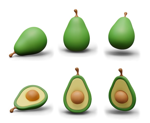 Avocado entero y mitad en diferentes posiciones Conjunto de frutas verdes sobre fondo blanco