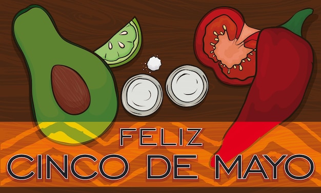 Ávocado, limón, tequila, tomate salado y chile listo para el evento del Cinco de Mayo escrito en español