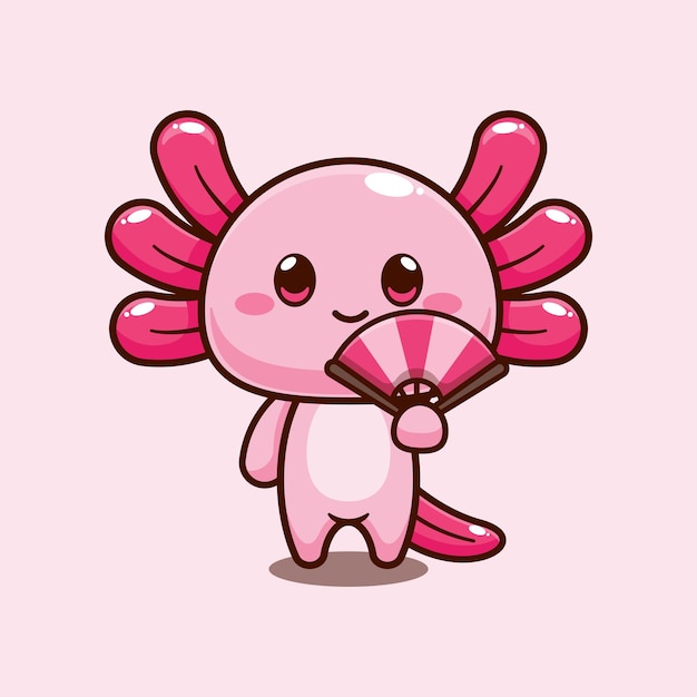 axolotl con abanico de mano mascota personaje de dibujos animados ilustración vectorial