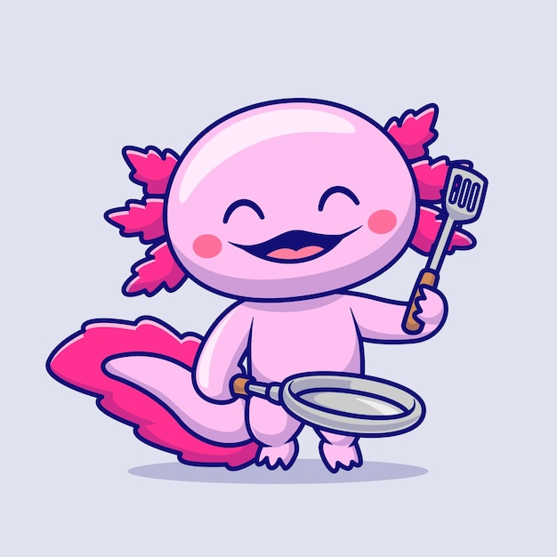 Axolotl lindo sosteniendo la espátula y la sartén Ilustración de icono vectorial de dibujos animados Alimentos para animales aislados