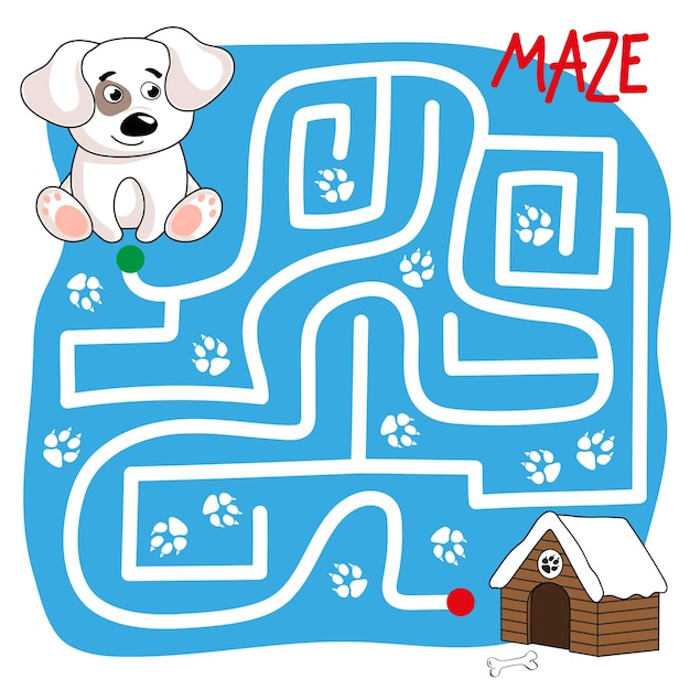 Ayuda al cachorro a encontrar su hogar. Laberinto, juego de lógica educativo para niños. Rompecabezas, ilustración vectorial educativa, dibujos animados.