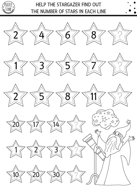 Ayuda al observador de estrellas a descubrir la cantidad de estrellas. En blanco y negro, continúa el juego de fila con números y un lindo personaje de cuento de hadas. Actividad matemática lógica del reino mágico o página para colorear para niños.