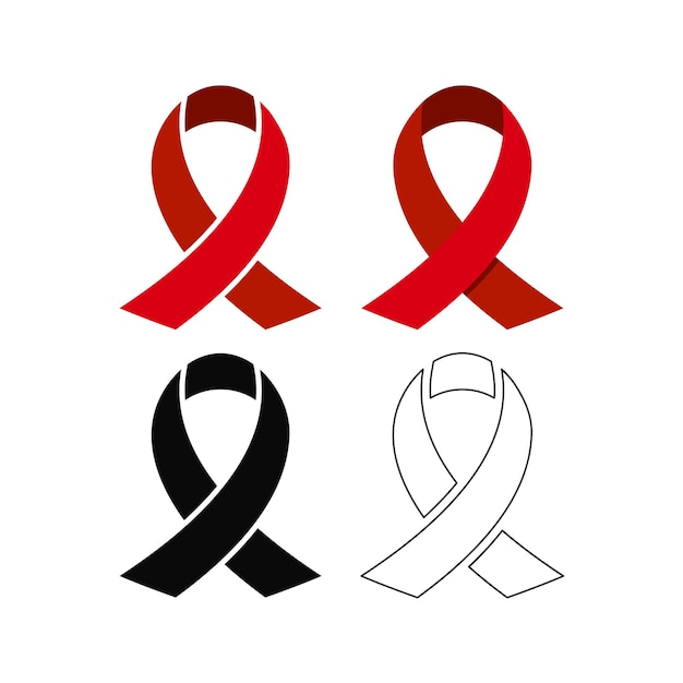 Ayuda conjunto de cinta de conciencia negro rojo aislado sobre fondo blanco. cinta de vih o cáncer - insignia de lazo de apoyo médico y de caridad. ilustración de vector de cuidado de la salud de estilo de arte de línea simple de diseño plano.