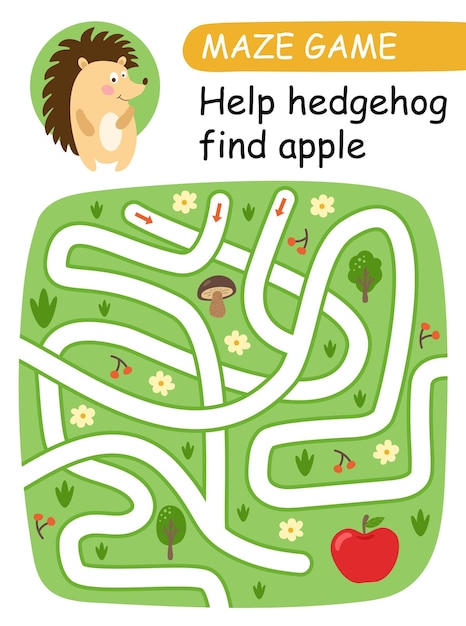 Ayuda a hedgehg a encontrar la manzana. juego de laberinto para niños. ilustración