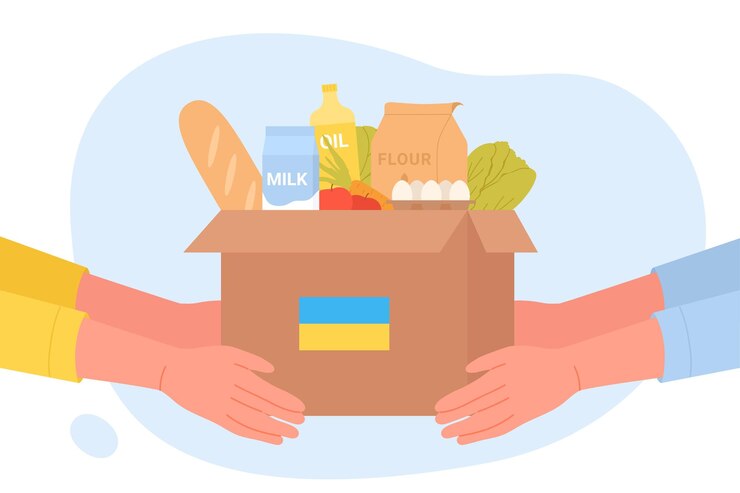 Vector ayuda humanitaria para el pueblo ucraniano manos de voluntarios sostienen caja con productos de comestibles