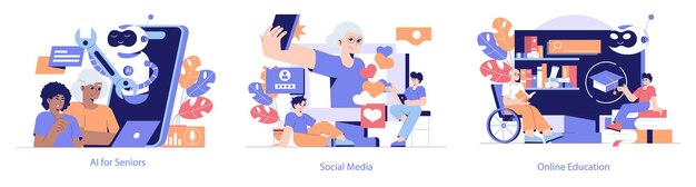 Ayuda técnica a través de las generaciones Ilustración de vector plano