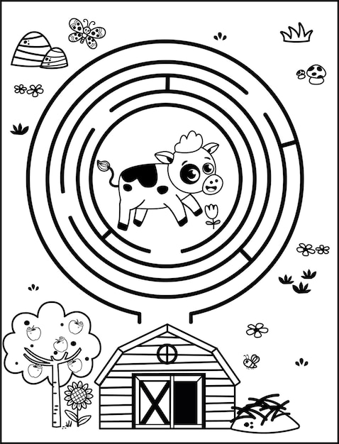 Ayuda a la vaca bebé a llegar al granero Juego de laberinto en blanco y negro para niños Ilustración vectorial