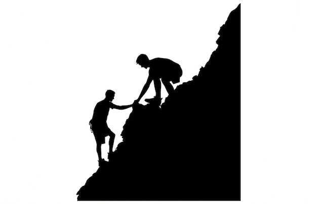 Ayudando a un amigo a llegar a la cima de la montaña silueta equipo de silueta ayudando