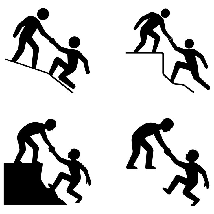 Vector ayudando a una persona a levantarse de una caída en una silueta negra plana diseño vectorial conjunto de ilustraciones paquete