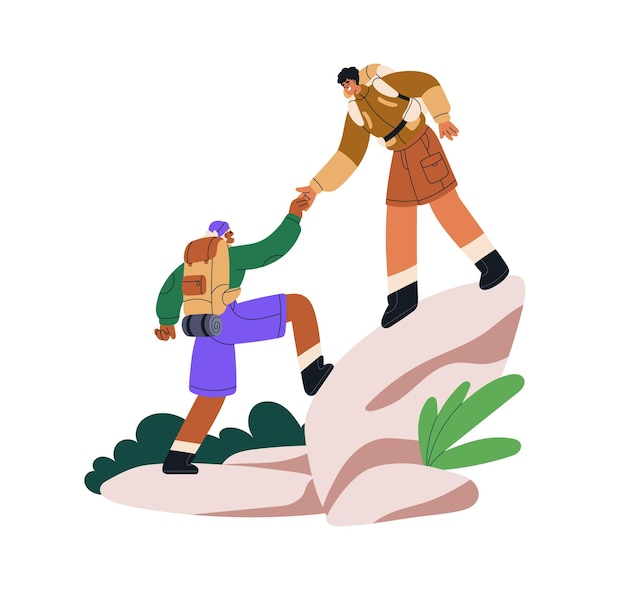 Ayudar a escalar un acantilado de montaña excursionista mochilero en roca Amigo dando la mano al escalador Turistas durante un viaje de aventura en la naturaleza Ilustración vectorial gráfica plana aislada sobre fondo blanco