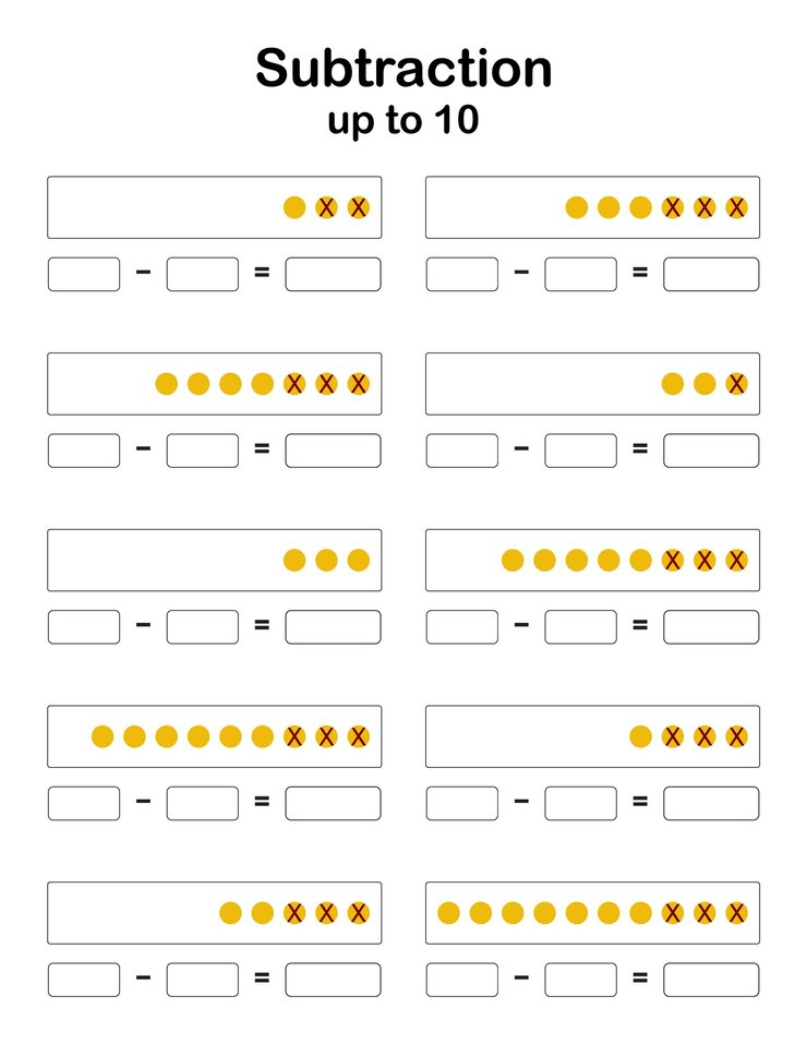 Vector para ayudar a los niños a aprender habilidades numéricas y escribir matemáticas, aquí hay una hoja de trabajo de matemáticas de resta para niños