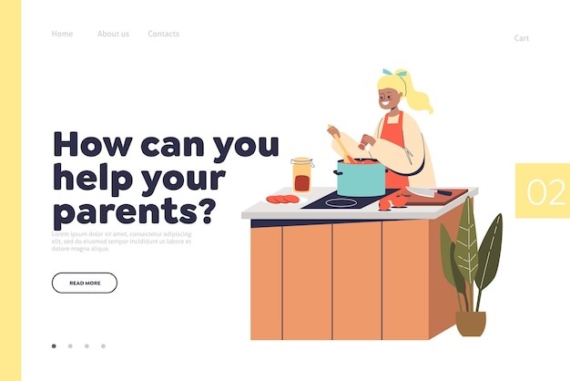 Ayudar a los padres al concepto de la página de inicio con una niña cocinando en la cocina Un niño pequeño hace las tareas del hogar en casa Los niños ayudan con el hogar y las tareas domésticas Ilustración vectorial plana de dibujos animados