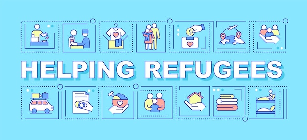 Ayudar a los refugiados conceptos de palabras bandera azul Apoyo y ayuda para fugitivos Infografías con iconos sobre fondo de color Tipografía aislada Ilustración vectorial con texto Fuente ArialBlack utilizada