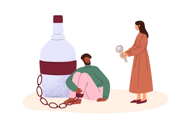 Ayudar a superar la adicción al alcohol, abusar del concepto de alcoholismo. Hombre borracho, bebedor adicto a la bebida alcohólica en exceso y psiquiatra. Ilustración de vector gráfico plano aislado sobre fondo blanco.