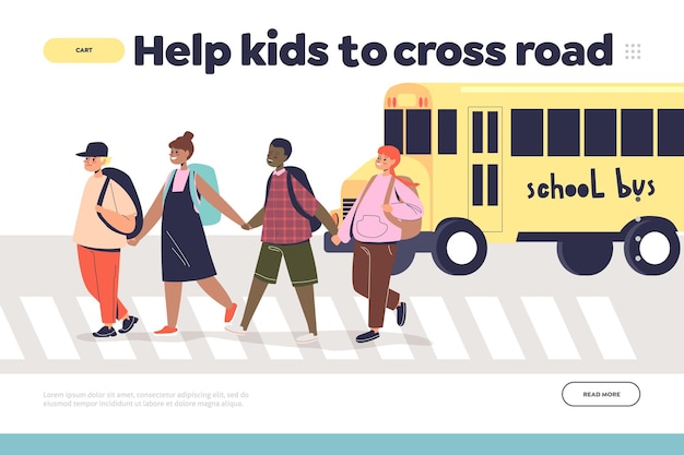 Ayude a los niños a cruzar el concepto de carretera de la página de inicio con un grupo de niños en el cruce de peatones. escolares peatones en la calle zebra tomados de la mano. ilustración de vector plano de dibujos animados